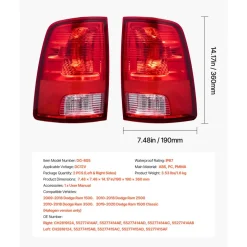 VEVOR Tail Light Assembly Compatible with 2009-2018 Dodge Ram 1500 2500 3500, 2019-2020 Dodge Ram 1500 Classic, Halogen Version Left & Right Side Taillight Rear Brake Lamps with Halogen Bulbs, 2PCS