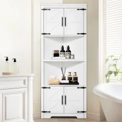 VEVOR 68" Tall Corner Storage Cabinet, 6 Tiers Farmhouse Storage Cabinet with 4 Wooden Doors & Adjustable Shelves, Freestanding Corner Kitchen Cabinet for Living Room, Kitchen, Laundry Room, White