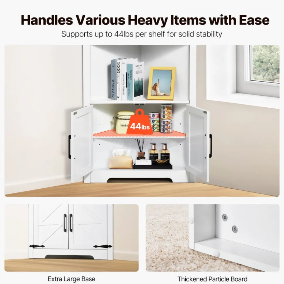 VEVOR 68" Tall Corner Storage Cabinet, 6 Tiers Farmhouse Storage Cabinet with 4 Wooden Doors & Adjustable Shelves, Freestanding Corner Kitchen Cabinet for Living Room, Kitchen, Laundry Room, White