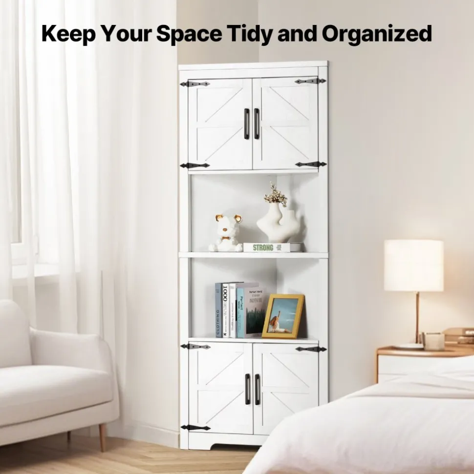 VEVOR 68" Tall Corner Storage Cabinet, 6 Tiers Farmhouse Storage Cabinet with 4 Wooden Doors & Adjustable Shelves, Freestanding Corner Kitchen Cabinet for Living Room, Kitchen, Laundry Room, White