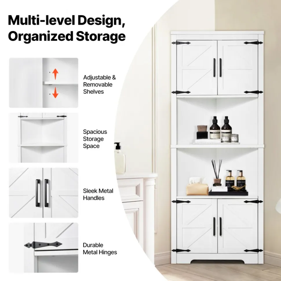 VEVOR 68" Tall Corner Storage Cabinet, 6 Tiers Farmhouse Storage Cabinet with 4 Wooden Doors & Adjustable Shelves, Freestanding Corner Kitchen Cabinet for Living Room, Kitchen, Laundry Room, White