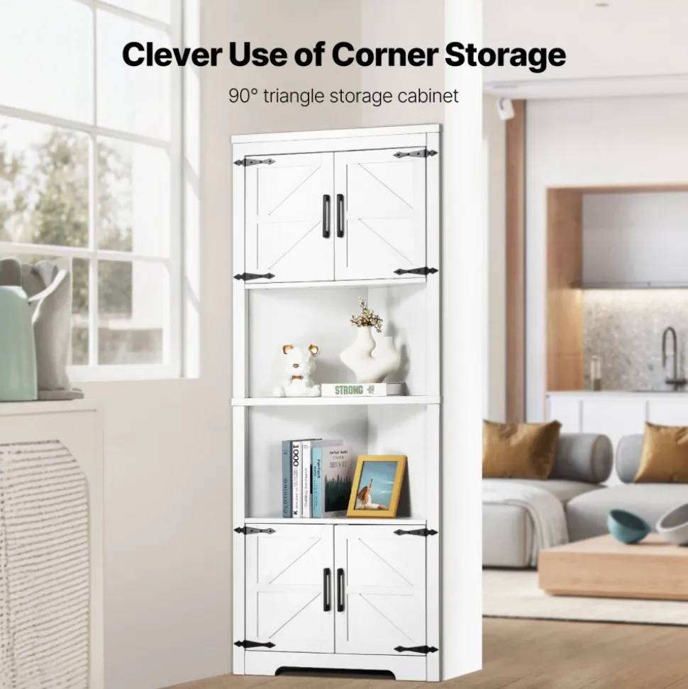 VEVOR 68" Tall Corner Storage Cabinet, 6 Tiers Farmhouse Storage Cabinet with 4 Wooden Doors & Adjustable Shelves, Freestanding Corner Kitchen Cabinet for Living Room, Kitchen, Laundry Room, White