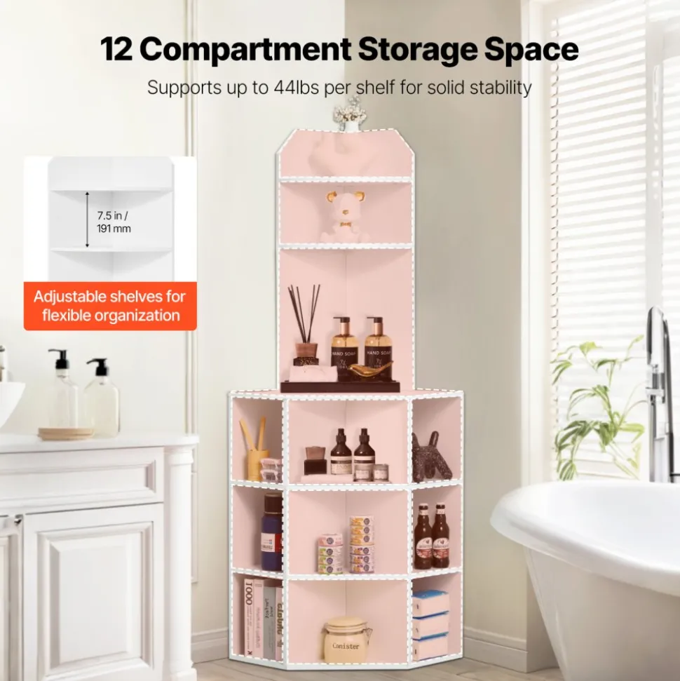 VEVOR 64" Tall Corner Storage Cabinet, 6 Tiers Wooden Storage Cabinet with USB Ports and Outlets & Adjustable Shelves, Freestanding Corner Cabinet for Living Room, Kitchen, Laundry Room, White