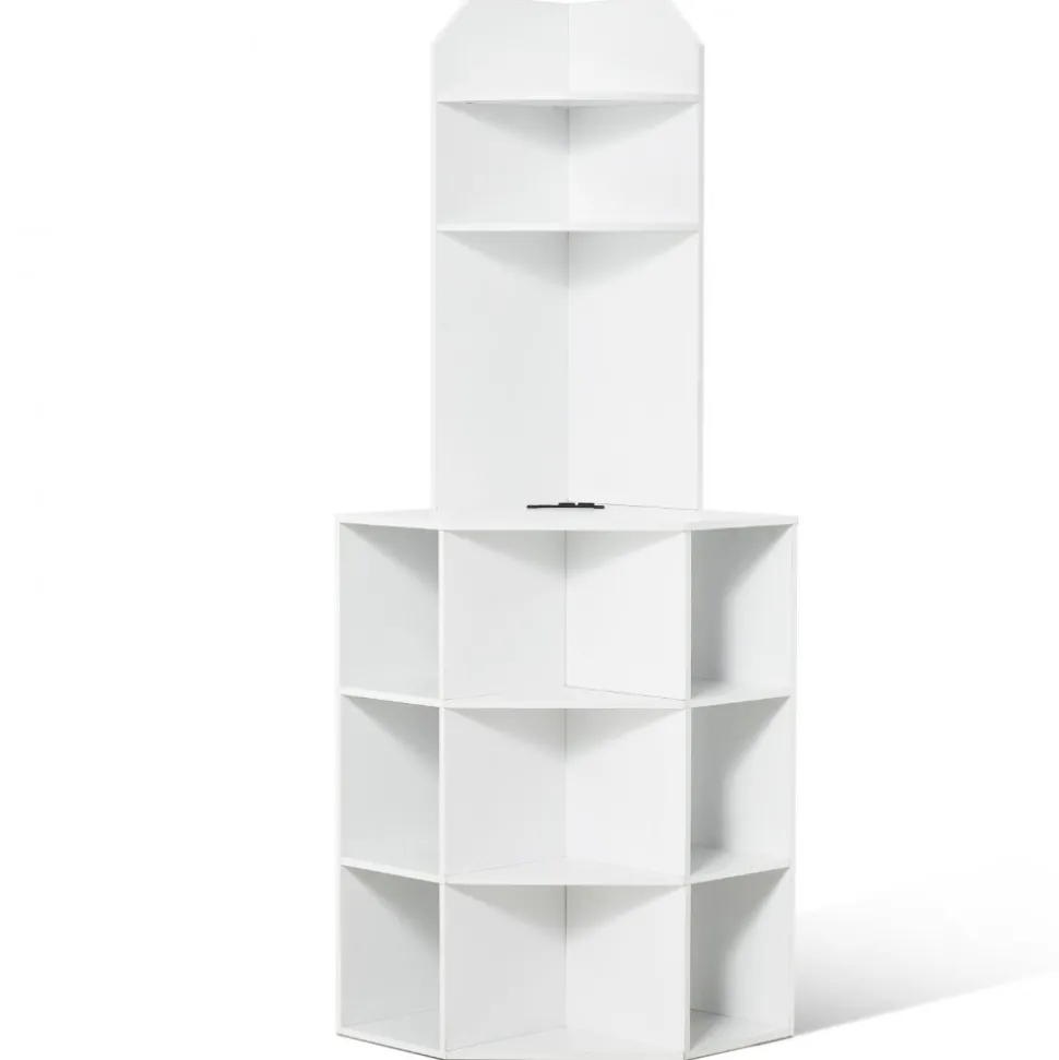 VEVOR 64" Tall Corner Storage Cabinet, 6 Tiers Wooden Storage Cabinet with USB Ports and Outlets & Adjustable Shelves, Freestanding Corner Cabinet for Living Room, Kitchen, Laundry Room, White