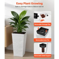 VEVOR Tall Planters Set of 2, 23 Inch Large Outdoor Taper Planters for Outdoor Indoor Plants, Front Porch Plastic Modern Flower Pots with Casters, Inner Pot & Drainage Holes for Patio, Garden, White
