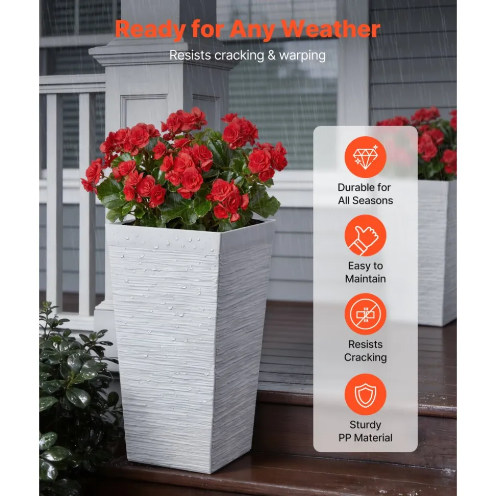 VEVOR Tall Planters Set of 2, 23 Inch Large Outdoor Taper Planters for Outdoor Indoor Plants, Front Porch Plastic Modern Flower Pots with Casters, Inner Pot & Drainage Holes for Patio, Garden, White