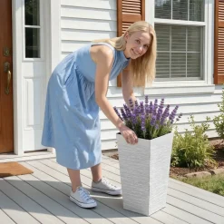 VEVOR Tall Planters Set of 2, 23 Inch Large Outdoor Taper Planters for Outdoor Indoor Plants, Front Porch Plastic Modern Flower Pots with Casters, Inner Pot & Drainage Holes for Patio, Garden, White