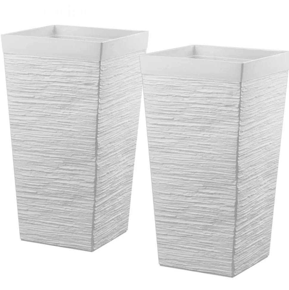 VEVOR Tall Planters Set of 2, 23 Inch Large Outdoor Taper Planters for Outdoor Indoor Plants, Front Porch Plastic Modern Flower Pots with Casters, Inner Pot & Drainage Holes for Patio, Garden, White