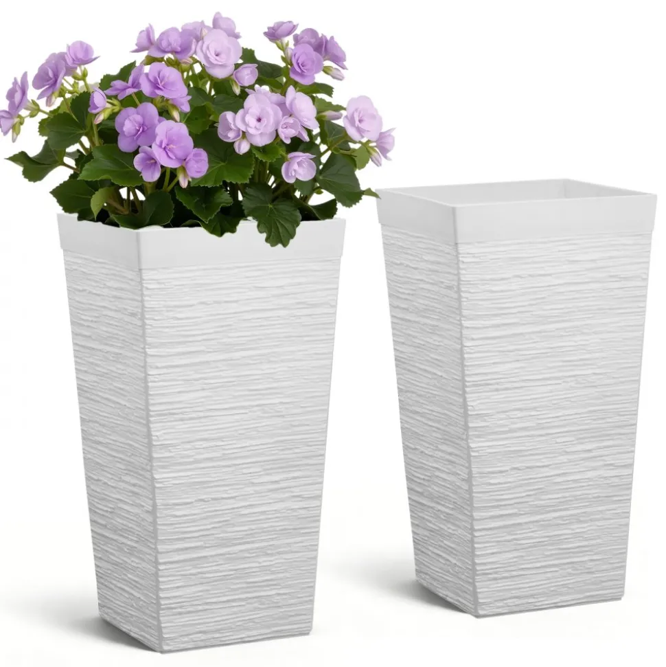 VEVOR Tall Planters Set of 2, 23 Inch Large Outdoor Taper Planters for Outdoor Indoor Plants, Front Porch Plastic Modern Flower Pots with Casters, Inner Pot & Drainage Holes for Patio, Garden, White