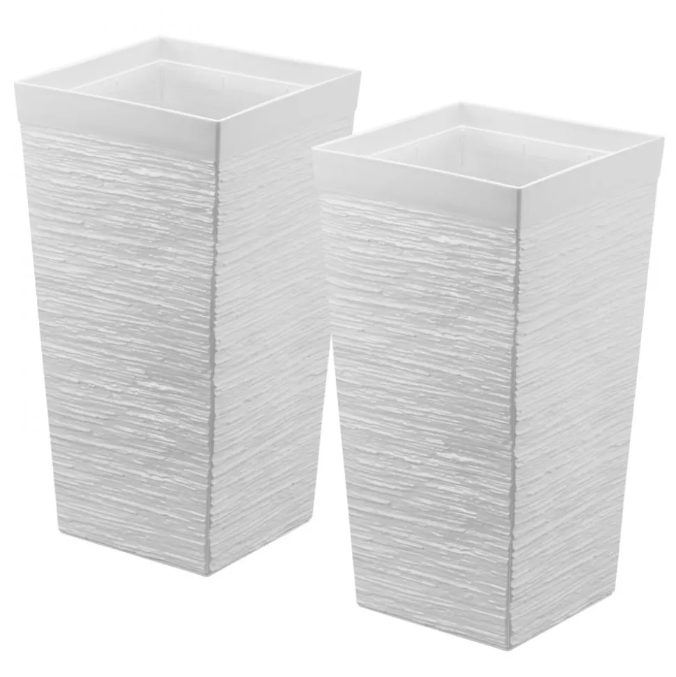VEVOR Tall Planters Set of 2, 23 Inch Large Outdoor Taper Planters for Outdoor Indoor Plants, Front Porch Plastic Modern Flower Pots with Casters, Inner Pot & Drainage Holes for Patio, Garden, White