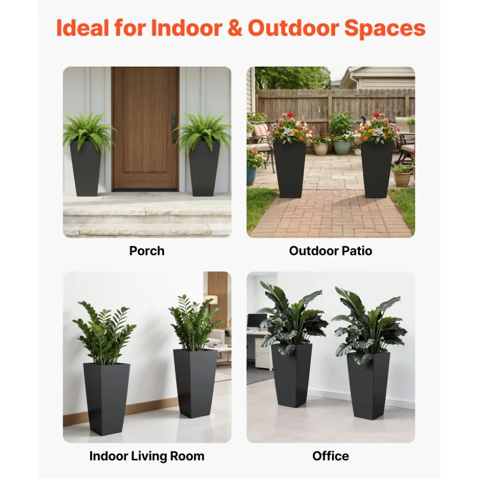 VEVOR Tall Planters Set of 2, 26 Inch Large Outdoor Taper Planters for Outdoor Indoor Plants, Front Porch Plastic Modern Flower Pots with Casters, Inner Pot & Drainage Holes for Patio, Garden, White