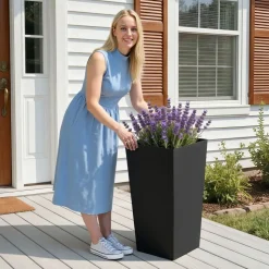 VEVOR Tall Planters Set of 2, 26 Inch Large Outdoor Taper Planters for Outdoor Indoor Plants, Front Porch Plastic Modern Flower Pots with Casters, Inner Pot & Drainage Holes for Patio, Garden, White