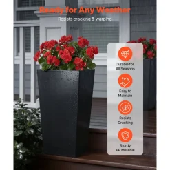 VEVOR Tall Planters Set of 2, 26 Inch Large Outdoor Taper Planters for Outdoor Indoor Plants, Front Porch Plastic Modern Flower Pots with Casters, Inner Pot & Drainage Holes for Patio, Garden, White