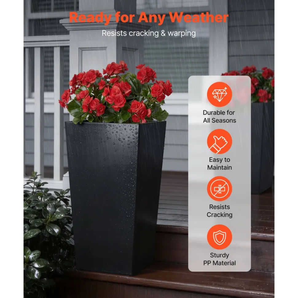 VEVOR Tall Planters Set of 2, 26 Inch Large Outdoor Taper Planters for Outdoor Indoor Plants, Front Porch Plastic Modern Flower Pots with Casters, Inner Pot & Drainage Holes for Patio, Garden, White