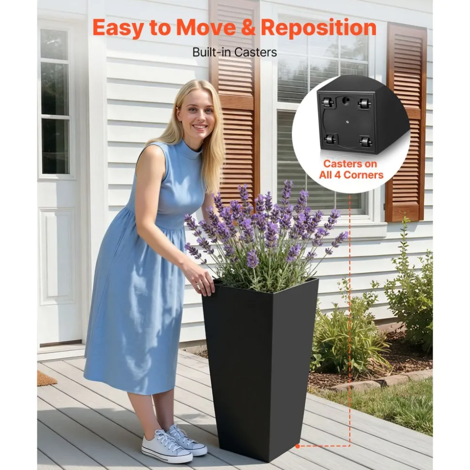 VEVOR Tall Planters Set of 2, 26 Inch Large Outdoor Taper Planters for Outdoor Indoor Plants, Front Porch Plastic Modern Flower Pots with Casters, Inner Pot & Drainage Holes for Patio, Garden, White