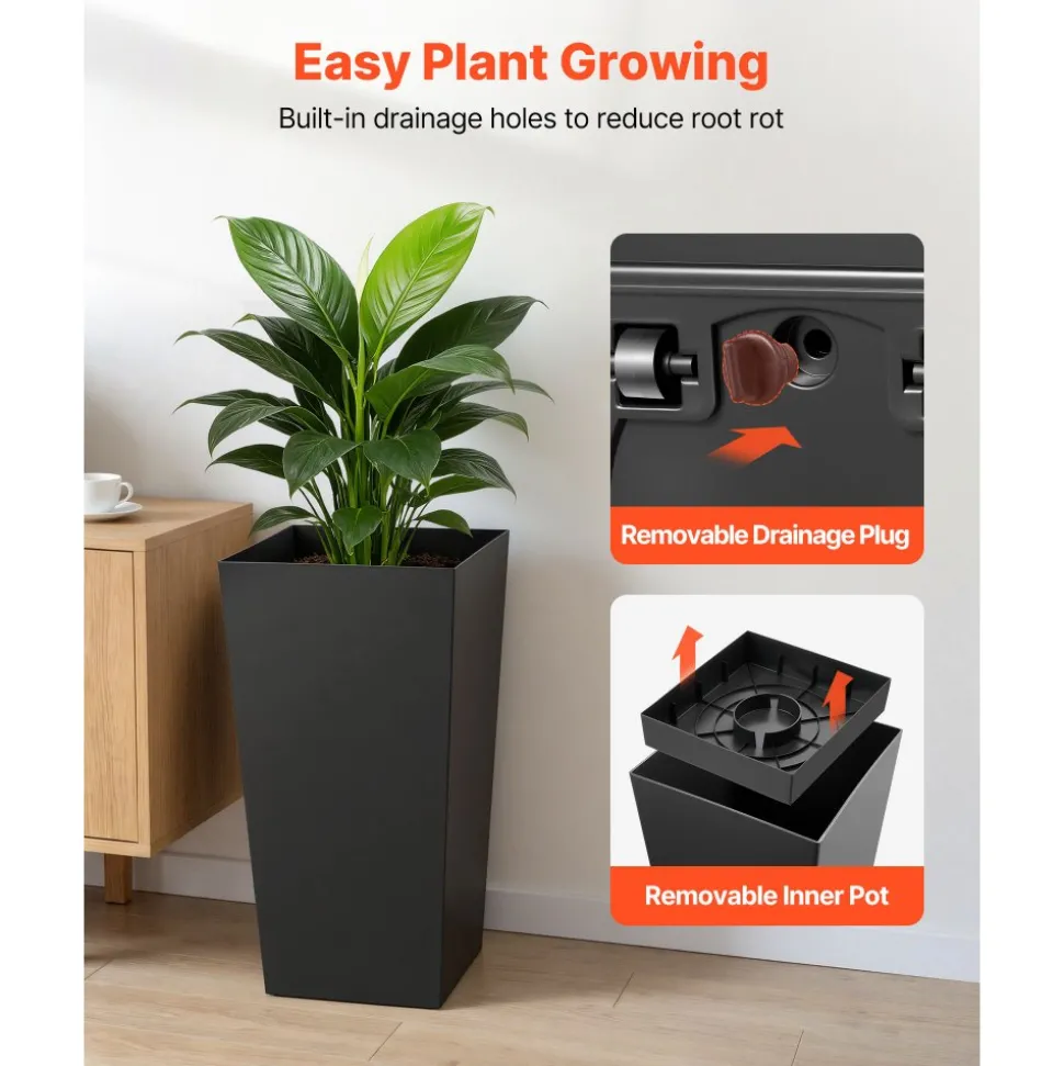VEVOR Tall Planters Set of 2, 26 Inch Large Outdoor Taper Planters for Outdoor Indoor Plants, Front Porch Plastic Modern Flower Pots with Casters, Inner Pot & Drainage Holes for Patio, Garden, White