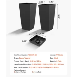 VEVOR Tall Planters Set of 2, 26 Inch Large Outdoor Taper Planters for Outdoor Indoor Plants, Front Porch Plastic Modern Flower Pots with Casters, Inner Pot & Drainage Holes for Patio, Garden, White