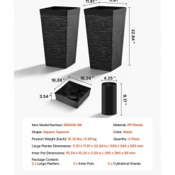 VEVOR Tall Planters Set of 2, 22 Inch Large Outdoor Taper Planters for Outdoor Indoor Plants, Front Porch Plastic Modern Flower Pots with Casters, Inner Pot & Drainage Holes for Patio, Garden, White