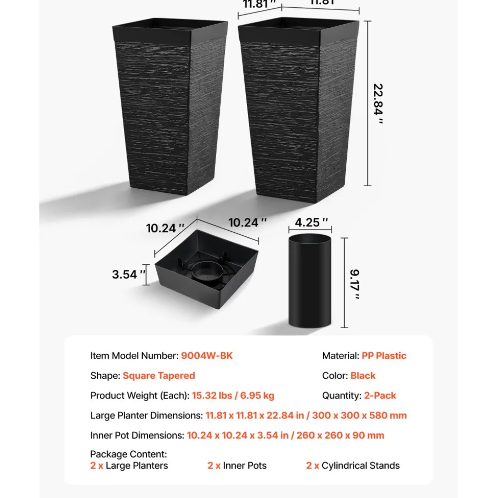 VEVOR Tall Planters Set of 2, 22 Inch Large Outdoor Taper Planters for Outdoor Indoor Plants, Front Porch Plastic Modern Flower Pots with Casters, Inner Pot & Drainage Holes for Patio, Garden, White