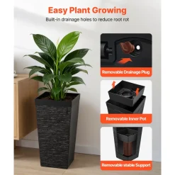 VEVOR Tall Planters Set of 2, 22 Inch Large Outdoor Taper Planters for Outdoor Indoor Plants, Front Porch Plastic Modern Flower Pots with Casters, Inner Pot & Drainage Holes for Patio, Garden, White