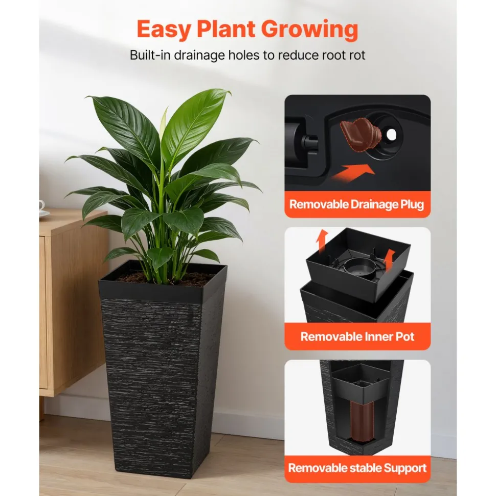 VEVOR Tall Planters Set of 2, 22 Inch Large Outdoor Taper Planters for Outdoor Indoor Plants, Front Porch Plastic Modern Flower Pots with Casters, Inner Pot & Drainage Holes for Patio, Garden, White