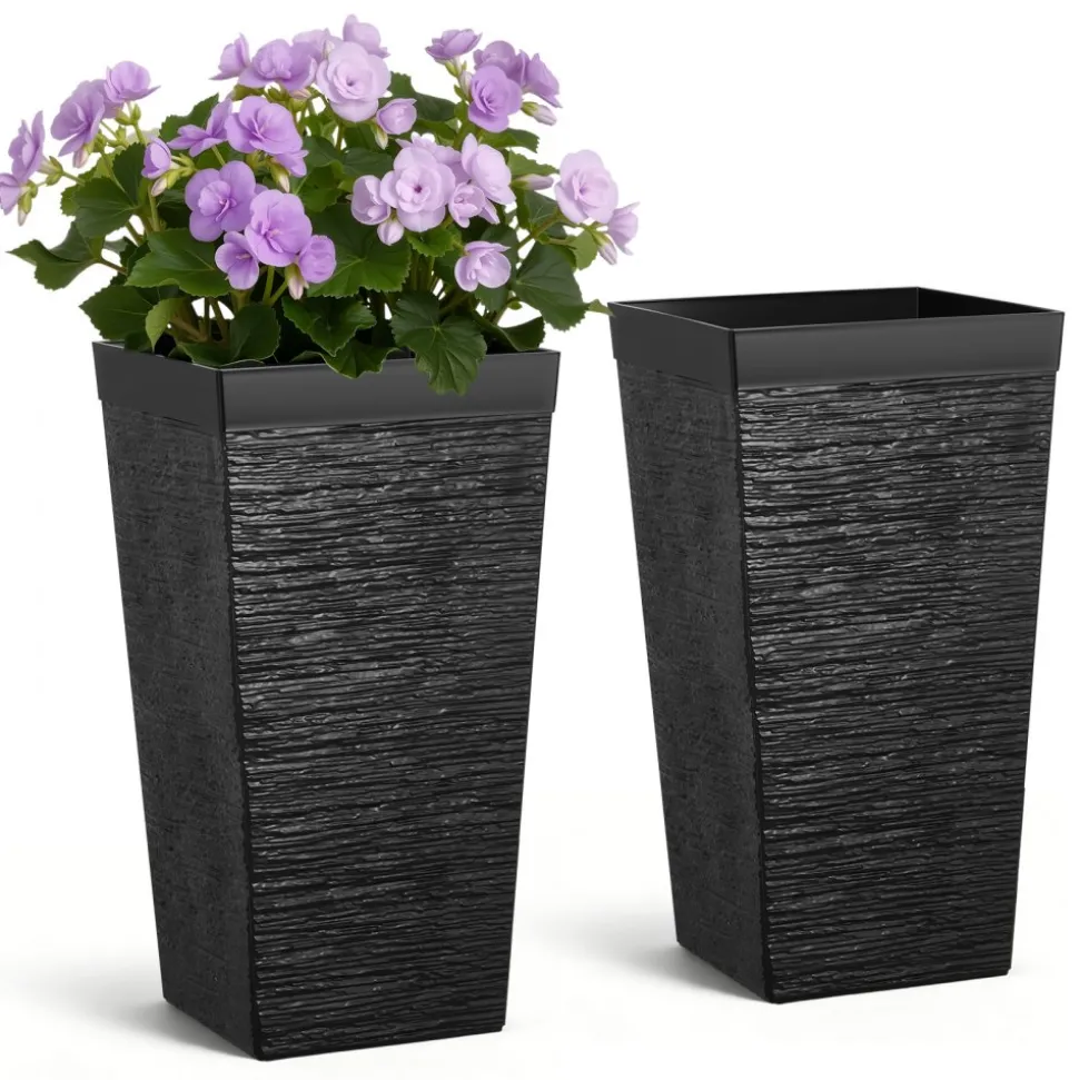 VEVOR Tall Planters Set of 2, 22 Inch Large Outdoor Taper Planters for Outdoor Indoor Plants, Front Porch Plastic Modern Flower Pots with Casters, Inner Pot & Drainage Holes for Patio, Garden, White