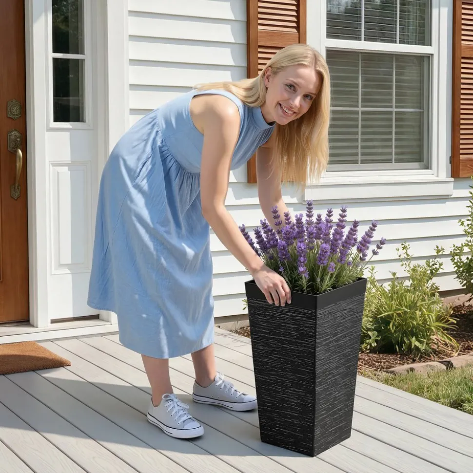 VEVOR Tall Planters Set of 2, 22 Inch Large Outdoor Taper Planters for Outdoor Indoor Plants, Front Porch Plastic Modern Flower Pots with Casters, Inner Pot & Drainage Holes for Patio, Garden, White