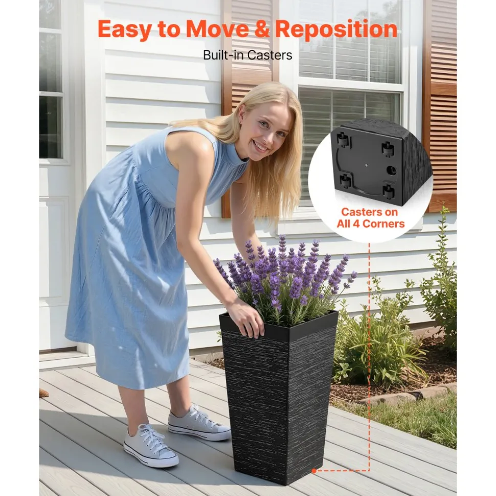 VEVOR Tall Planters Set of 2, 22 Inch Large Outdoor Taper Planters for Outdoor Indoor Plants, Front Porch Plastic Modern Flower Pots with Casters, Inner Pot & Drainage Holes for Patio, Garden, White