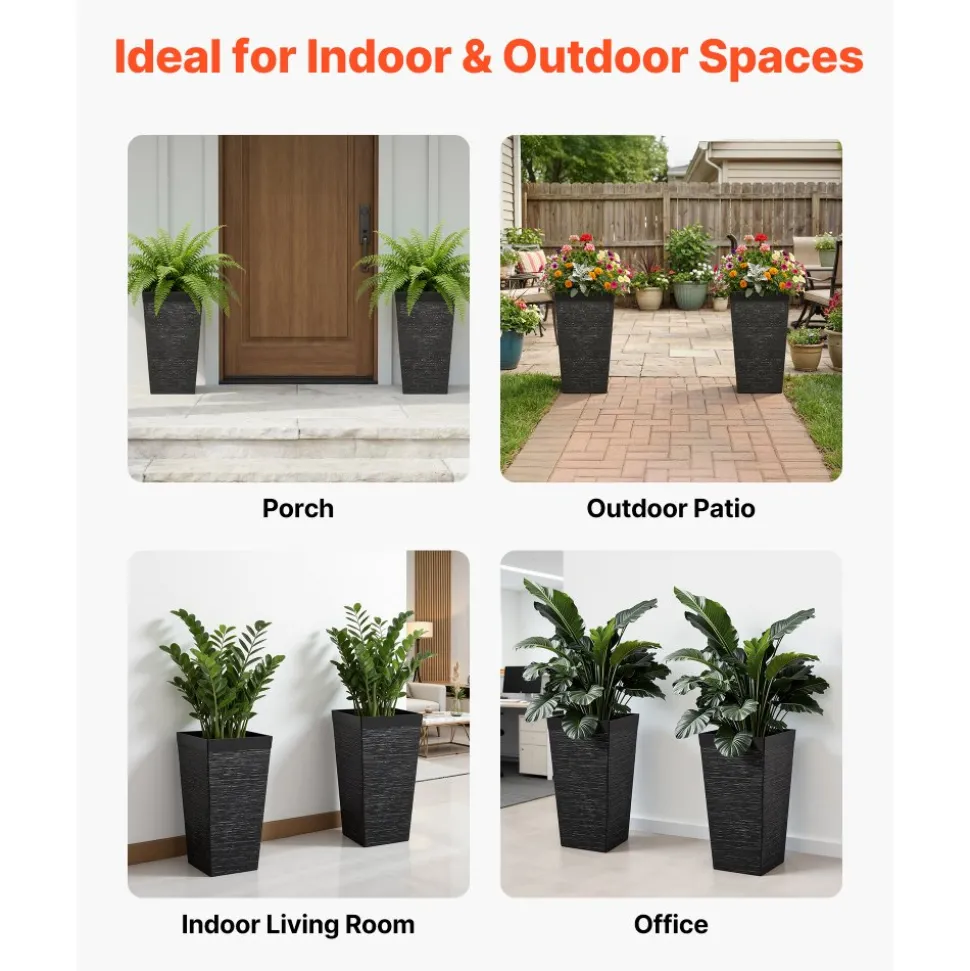 VEVOR Tall Planters Set of 2, 22 Inch Large Outdoor Taper Planters for Outdoor Indoor Plants, Front Porch Plastic Modern Flower Pots with Casters, Inner Pot & Drainage Holes for Patio, Garden, White