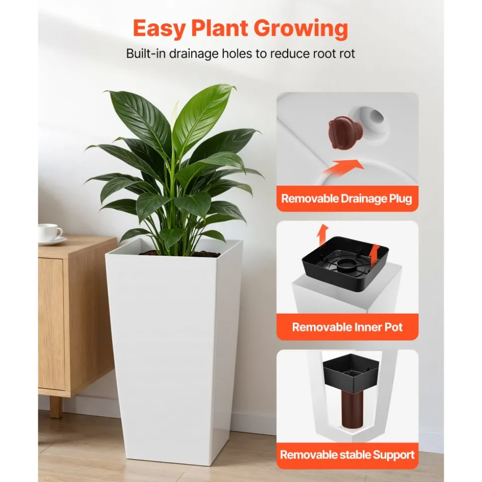 VEVOR Tall Planters Set of 2, 30 Inch Large Outdoor Taper Planters for Outdoor Indoor Plants, Front Porch Plastic Modern Flower Pots with Casters, Inner Pot & Drainage Holes for Patio, Garden, Black