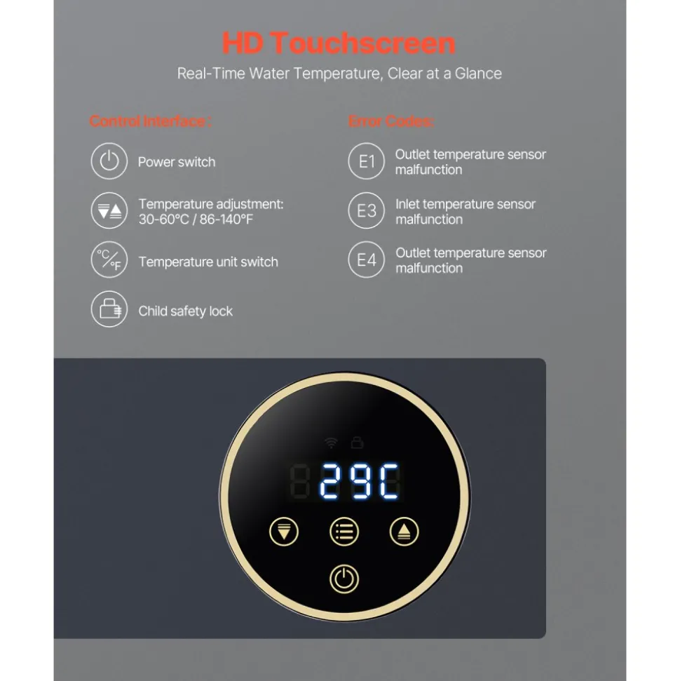 VEVOR Tankless Electric Water Heater, 36kW Instant Hot Water Heater Under Sink, On Demand for Bathroom, Kitchen, Office with LCD Touch Screen, Child Security Lock ,Space-Saving, 240V
