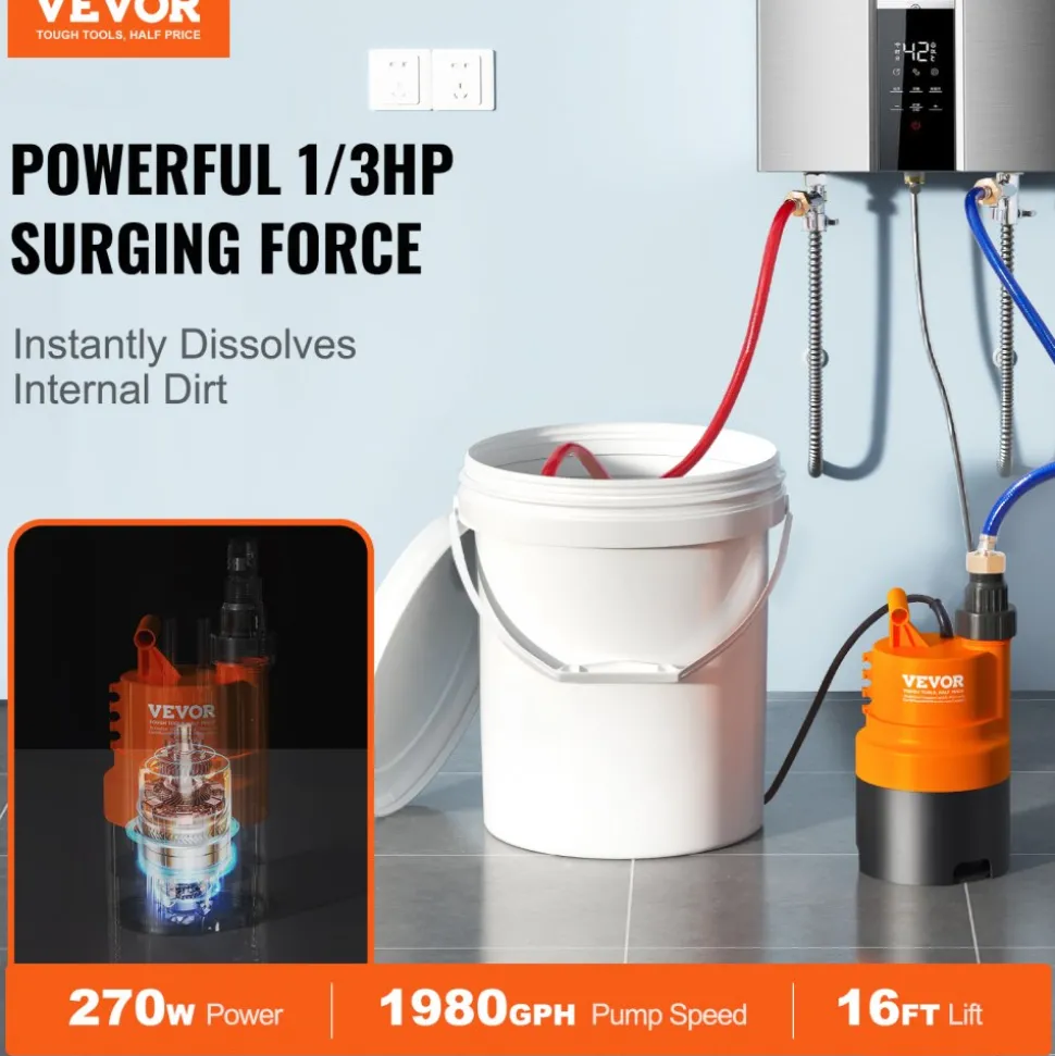 VEVOR Tankless Water Heater Flushing Kit, Includes Efficient Pump & 5 Gallon Pail & 2 Hoses & Descaling Powder, Wrench and Adapter for Quick Install Easy to Start, Water Heater Flush Kit
