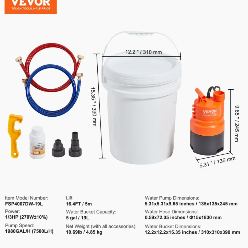 VEVOR Tankless Water Heater Flushing Kit, Includes Efficient Pump & 5 Gallon Pail & 2 Hoses & Descaling Powder, Wrench and Adapter for Quick Install Easy to Start, Water Heater Flush Kit