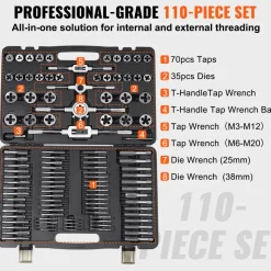 VEVOR Tap and Die Set, 110-Piece Include Metric Size M2 to M18, Bearing Steel Taps and Dies, Essential Threading Tool for Cutting External Internal Threads, with Complete Accessories and Storage Case
