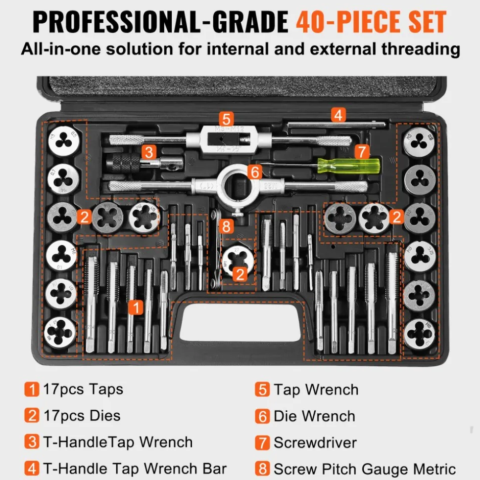 VEVOR Tap and Die Set, 40-Piece Include Metric Size M3 to M12, Bearing Steel Taps and Dies, Essential Threading Tool for Cutting External Internal Threads, with Complete Accessories and Storage Case