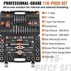 VEVOR Tap and Die Set, 116-Piece Include Metric and SAE Size, Bearing Steel Taps and Dies, Essential Threading Tool for Cutting External Internal Threads, with Complete Accessories and Storage Case
