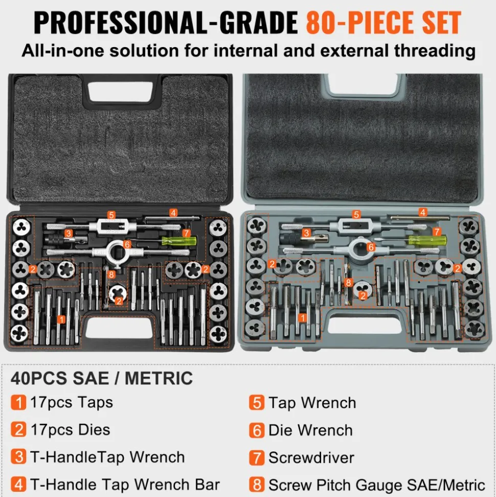 VEVOR Tap and Die Set, 80-Piece Metric and SAE Standard, Bearing Steel Taps and Dies, Essential Threading Tool for Cutting External Internal Threads, with Complete Accessories and Storage Case