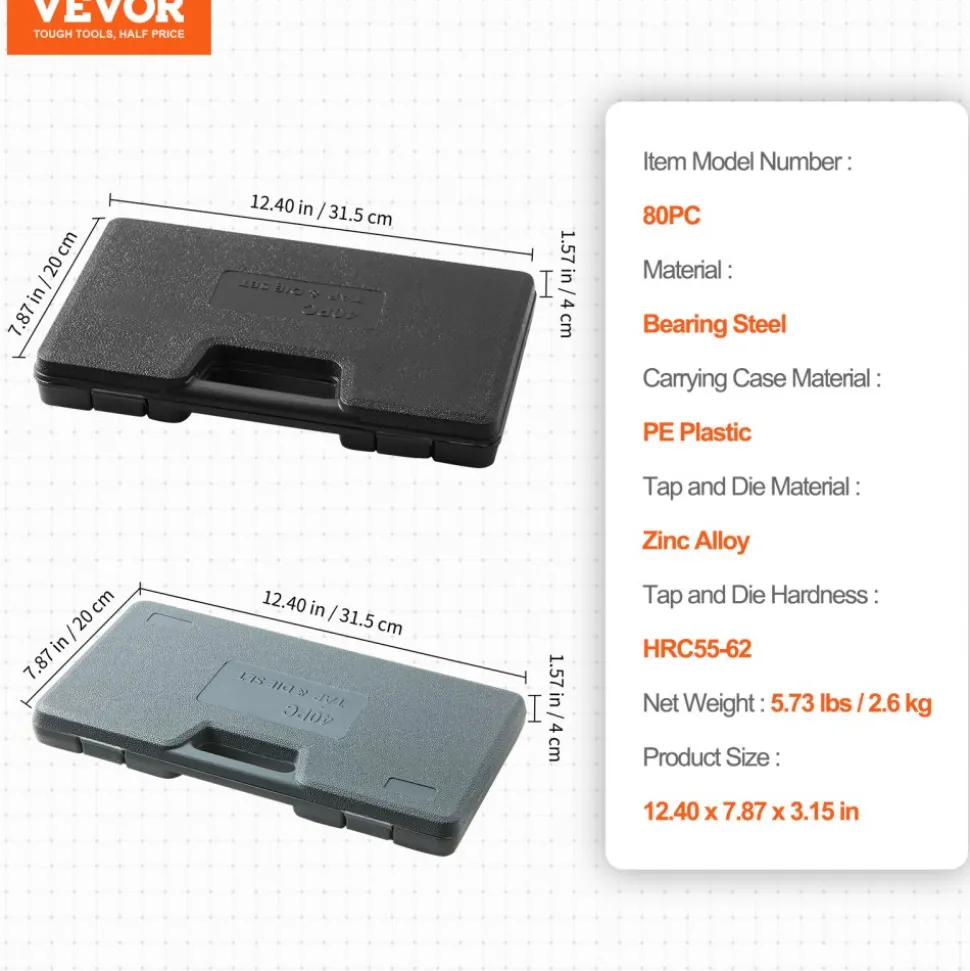 VEVOR Tap and Die Set, 80-Piece Metric and SAE Standard, Bearing Steel Taps and Dies, Essential Threading Tool for Cutting External Internal Threads, with Complete Accessories and Storage Case