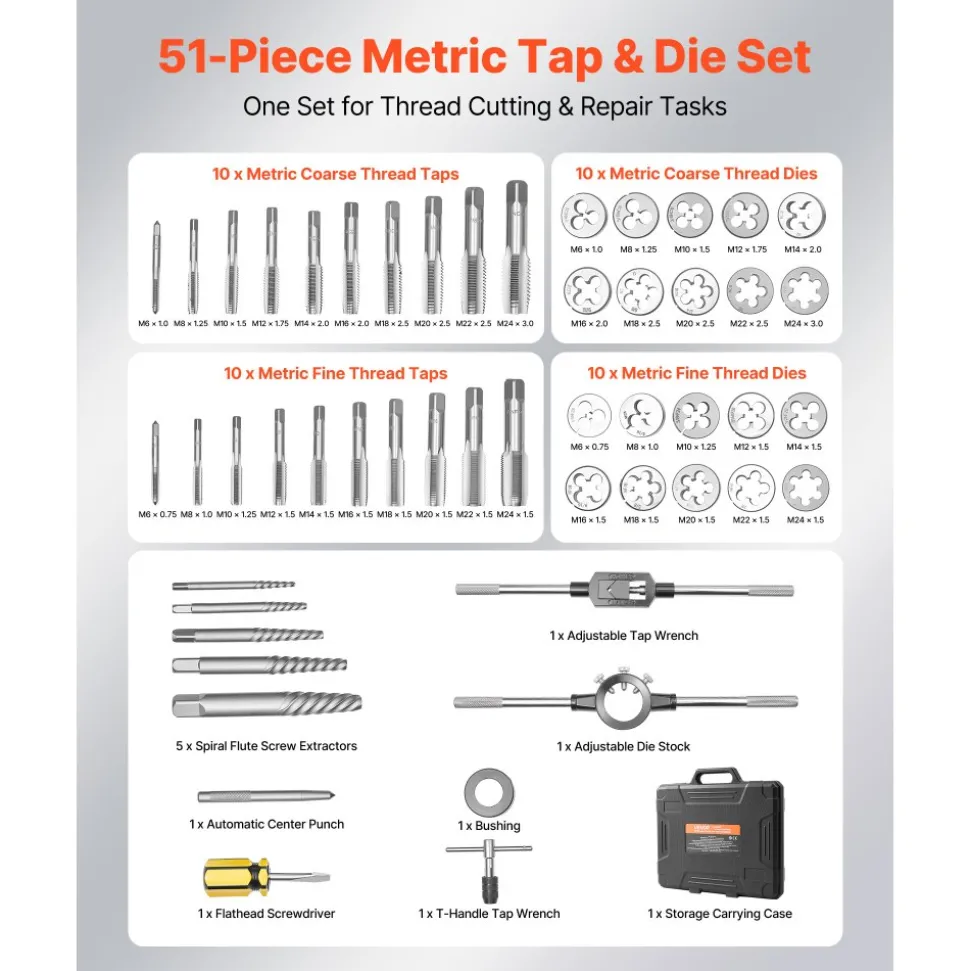 VEVOR Tap and Die Set, 60-Piece Metric and SAE Sizes M3 to M12, #4 to 1/2", with Coarse and Fine Thread Taps and Dies, Wrench, Carrying Case and Complete Accessories, for Threading and Rethreading