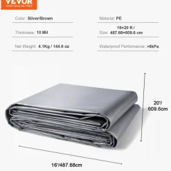 VEVOR Tarp Waterproof 16x20 ft, Plastic Poly Tarp Cover 10 Mil, Multi Purpose Tear UV and Temperature Resistant Outdoor Tarpaulin with High Durability Reinforced Grommets (Silver/Brown)