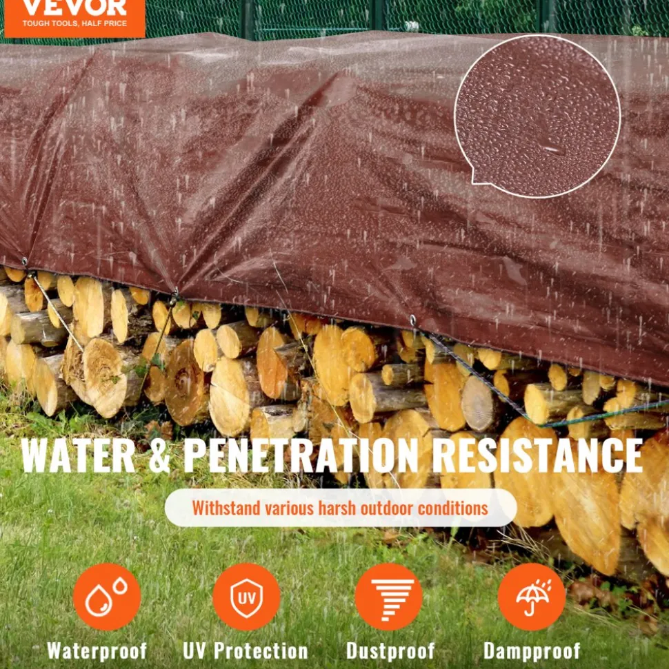 VEVOR Tarp 20x40 ft 16 Mil Extra Thick, Waterproof Poly Plastic Tarps Cover, Multi-Purpose Outdoor Tarpaulin with Grommets & Reinforced Edges for Truck, RV, Boat, Camping (Brown)