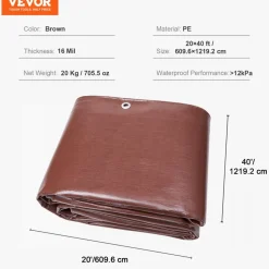 VEVOR Tarp 20x40 ft 16 Mil Extra Thick, Waterproof Poly Plastic Tarps Cover, Multi-Purpose Outdoor Tarpaulin with Grommets & Reinforced Edges for Truck, RV, Boat, Camping (Brown)