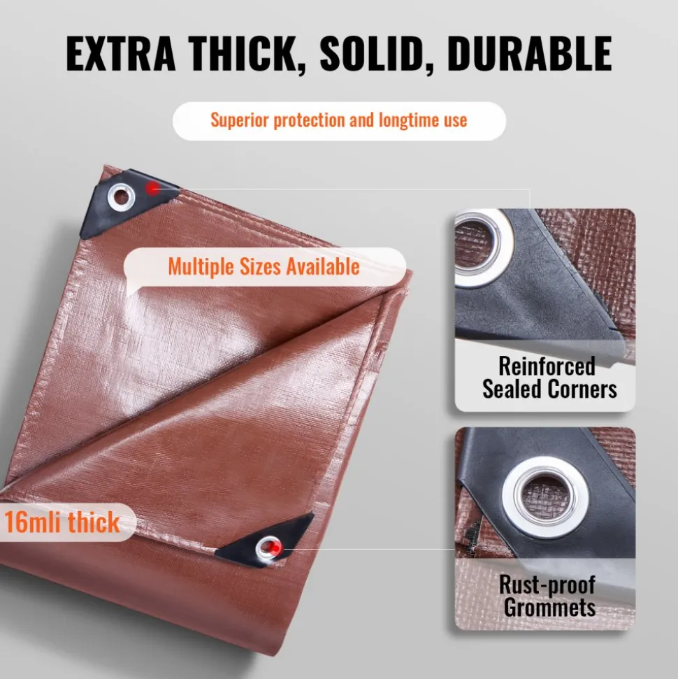 VEVOR Tarp 20x40 ft 16 Mil Extra Thick, Waterproof Poly Plastic Tarps Cover, Multi-Purpose Outdoor Tarpaulin with Grommets & Reinforced Edges for Truck, RV, Boat, Camping (Brown)