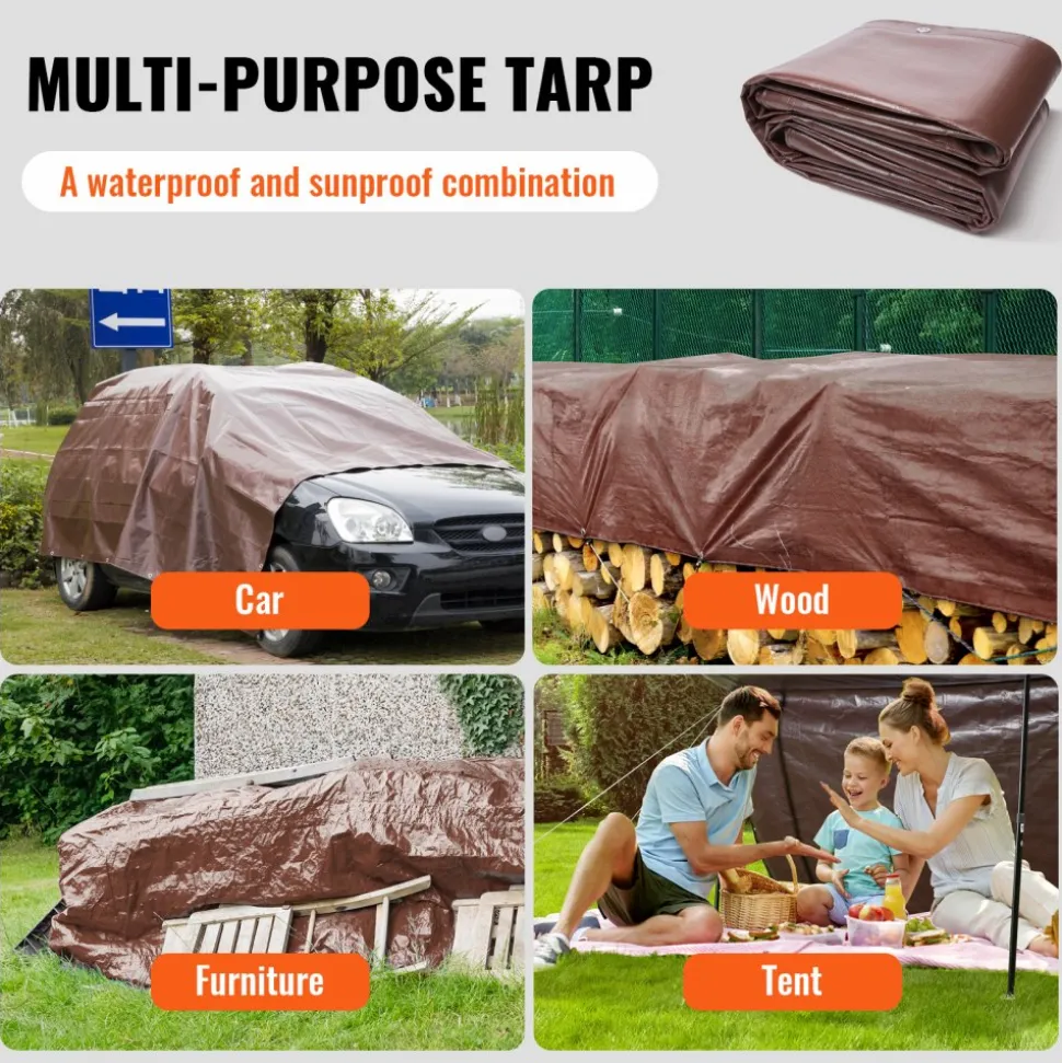 VEVOR Tarp 20x40 ft 16 Mil Extra Thick, Waterproof Poly Plastic Tarps Cover, Multi-Purpose Outdoor Tarpaulin with Grommets & Reinforced Edges for Truck, RV, Boat, Camping (Brown)