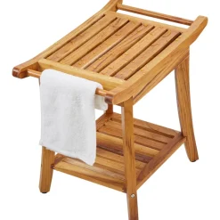 VEVOR Teak Shower Bench, 22 x 14.4 x 18.5 in, Waterproof Wood Shower Stool with Storage Shelf Handle Non-Slip Feet, 300 lbs Maximum Load Capacity Shower Chair Seat, for Bathroom Indoor and Outdoor Use