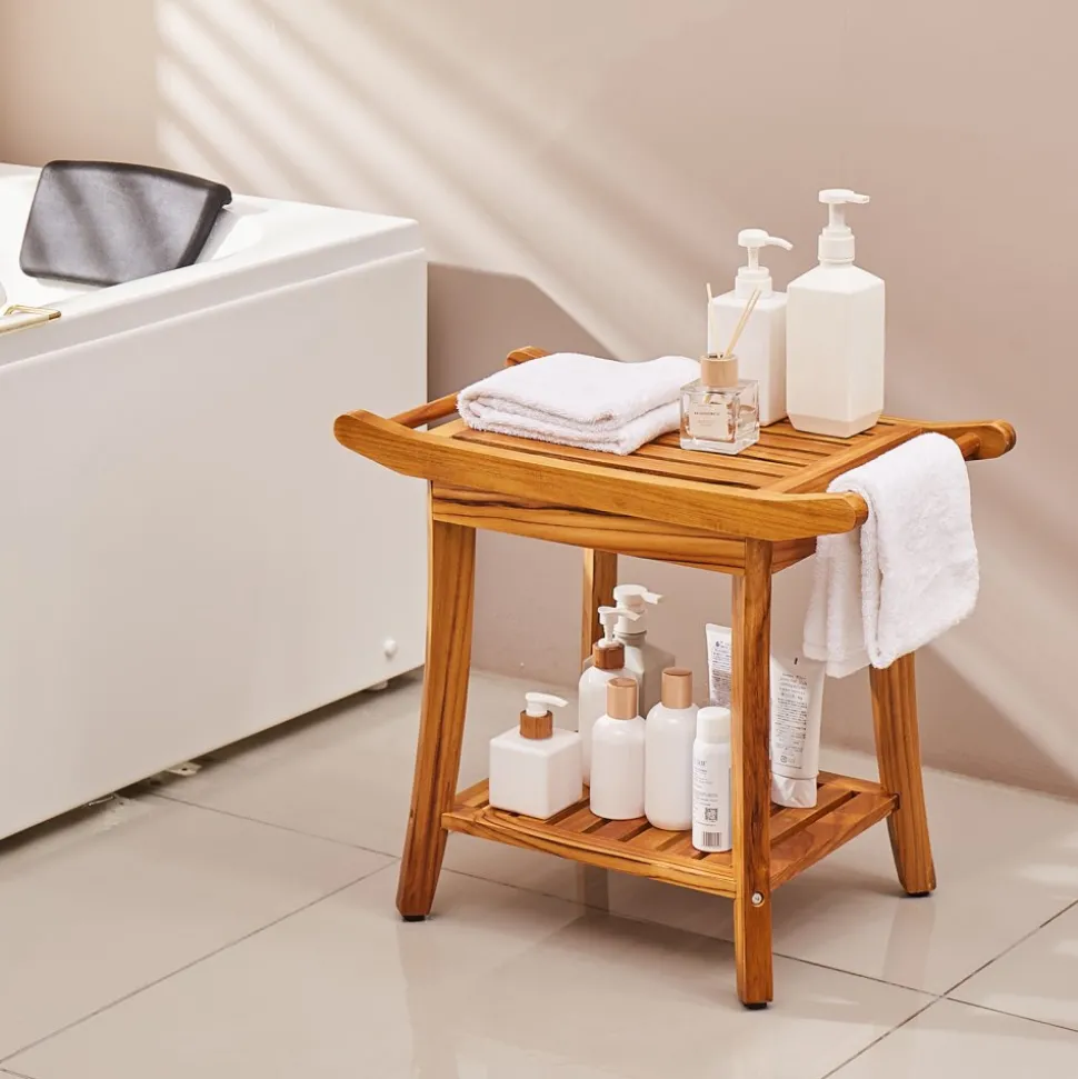 VEVOR Teak Shower Bench, 22 x 14.4 x 18.5 in, Waterproof Wood Shower Stool with Storage Shelf Handle Non-Slip Feet, 300 lbs Maximum Load Capacity Shower Chair Seat, for Bathroom Indoor and Outdoor Use