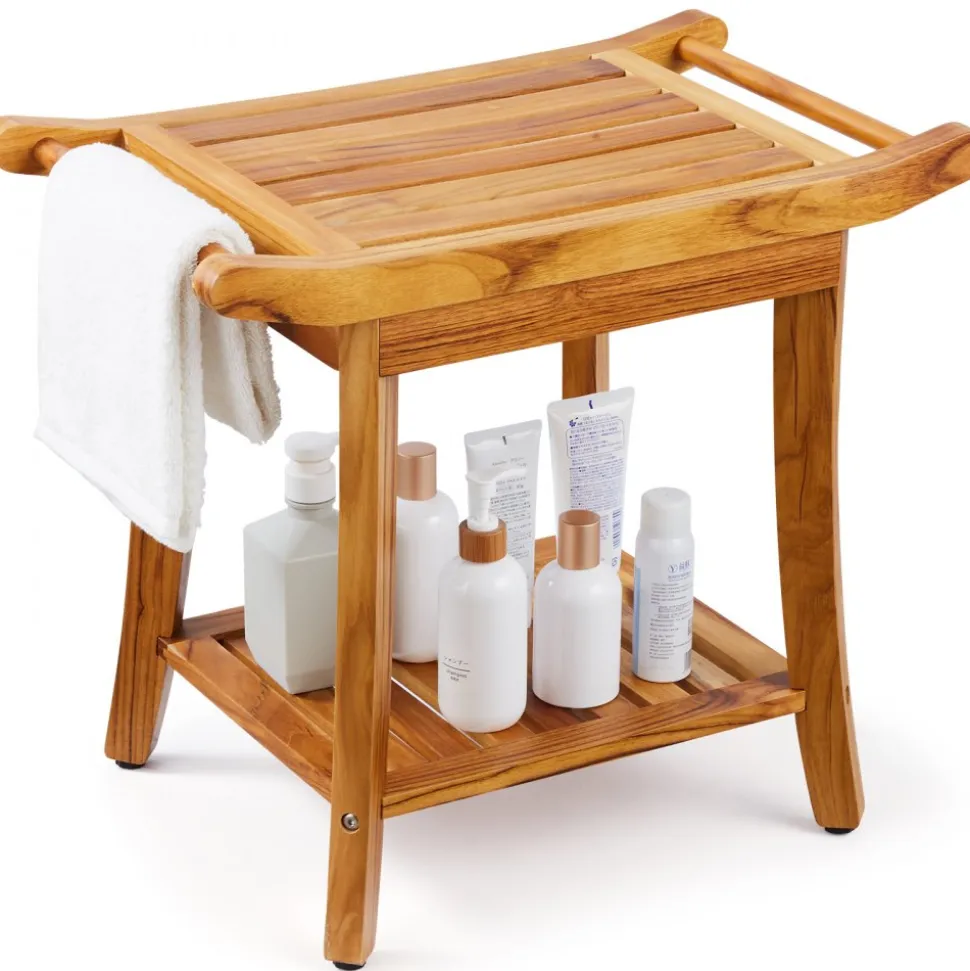 VEVOR Teak Shower Bench, 22 x 14.4 x 18.5 in, Waterproof Wood Shower Stool with Storage Shelf Handle Non-Slip Feet, 300 lbs Maximum Load Capacity Shower Chair Seat, for Bathroom Indoor and Outdoor Use
