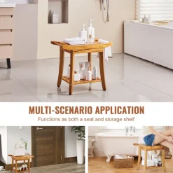 VEVOR Teak Shower Bench, 22 x 14.4 x 18.5 in, Waterproof Wood Shower Stool with Storage Shelf Handle Non-Slip Feet, 300 lbs Maximum Load Capacity Shower Chair Seat, for Bathroom Indoor and Outdoor Use