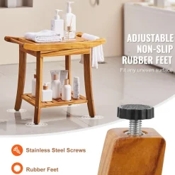 VEVOR Teak Shower Bench, 22 x 14.4 x 18.5 in, Waterproof Wood Shower Stool with Storage Shelf Handle Non-Slip Feet, 300 lbs Maximum Load Capacity Shower Chair Seat, for Bathroom Indoor and Outdoor Use