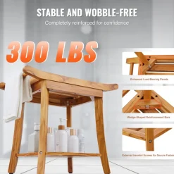 VEVOR Teak Shower Bench, 22 x 14.4 x 18.5 in, Waterproof Wood Shower Stool with Storage Shelf Handle Non-Slip Feet, 300 lbs Maximum Load Capacity Shower Chair Seat, for Bathroom Indoor and Outdoor Use